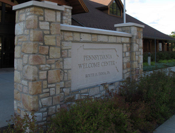 Concrete/stone sign.  Pennsylvania Welcome Center - Tioga, PA