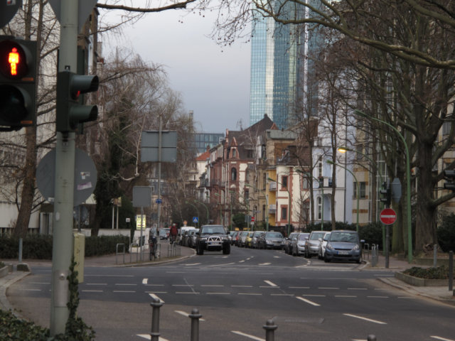 Intersection, downtown Frankfurt, Germany.