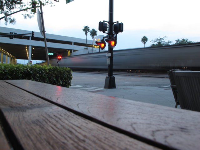 Extended shutter speed on a train going through downtown Tampa.